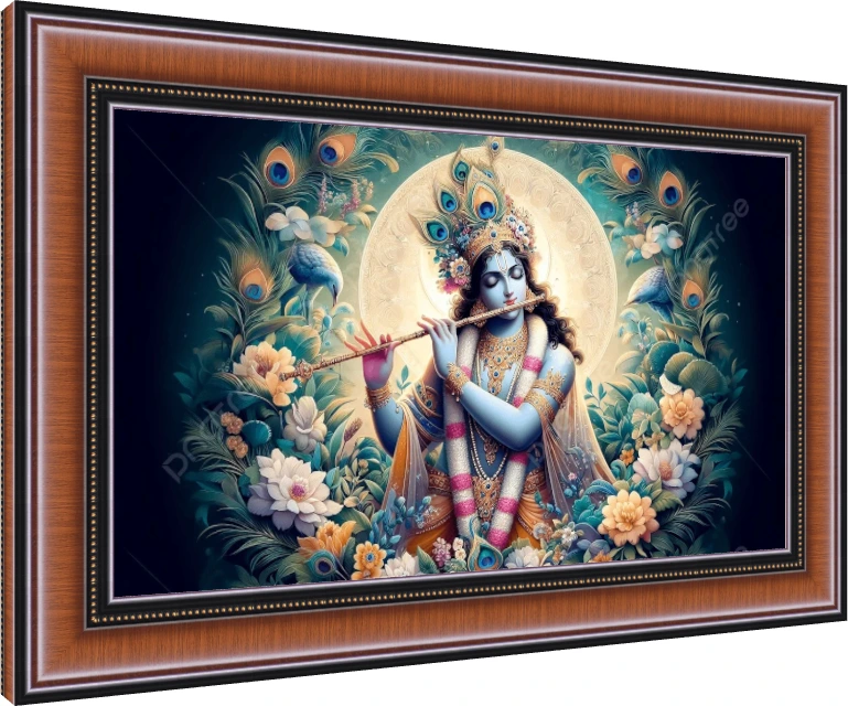 Digital painting of Lord Krishna playing the flute, surrounded by peacock feathers and lotuses. — photo frame preview | PrintPosters.in